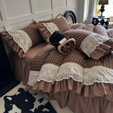 Load image into Gallery viewer, French retro plaid cotton washed cotton four-piece set pure cotton embroidered lace edge quilt cover girl heart princess bed skirt