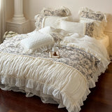 Load image into Gallery viewer, French milk fleece bed four-piece princess style pastoral flower pleated lace coral fleece quilt cover fairy bed cover