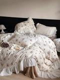 Load image into Gallery viewer, French princess style retro rose cotton print girl bed four-piece cotton lotus leaf lace quilt cover sheets