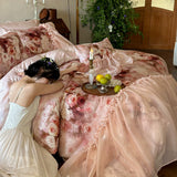 Load image into Gallery viewer, French Romantic Retro Wind Cool Tencel Cotton Four-piece Set Summer Silky Sleeping Naked Lace Edge Quilt Cover Ice Silk Sheet