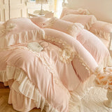 Load image into Gallery viewer, Winter thickened milk fleece four-piece princess wind double-sided plush coral fleece lace quilt cover padded bed cover