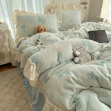 Load image into Gallery viewer, French butterfly carved milk fleece four-piece set winter girl coral fleece double-sided fleece quilt cover fleece bed skirt bed sheet