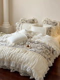 Load image into Gallery viewer, French milk fleece bed four-piece princess style pastoral flower pleated lace coral fleece quilt cover fairy bed cover