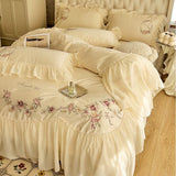 Load image into Gallery viewer, French cotton long-staple cotton four-piece set princess style flower printing pure cotton lotus leaf lace quilt cover girl heart bed sheet