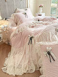 Load image into Gallery viewer, French lace edge thickened milk fleece four-piece set bow princess wind coral fleece quilt cover high-end bedding