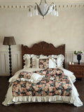 Load image into Gallery viewer, French oil painting retro style 100S long-staple cotton four-piece flower printing pure cotton ruffle edge quilt cover bedding