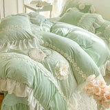 Load image into Gallery viewer, Winter thickened milk fleece four-piece princess wind double-sided plush coral fleece lace quilt cover padded bed cover