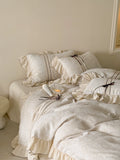 Load image into Gallery viewer, French retro cotton and linen four-piece color-woven jacquard quilt cover, bow lace linen quilt cover, soft bedding