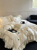 Load image into Gallery viewer, Girl's heart satin long-staple cotton four-piece set cute color polka dot embroidered lotus leaf lace quilt cover cotton bed sheet