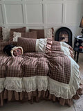 Load image into Gallery viewer, French retro plaid cotton washed cotton four-piece set pure cotton embroidered lace edge quilt cover girl heart princess bed skirt