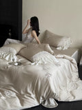 Load image into Gallery viewer, French light luxury Lenzing Tencel bed sheet four-piece set, high-grade cool silky embroidered quilt cover, spring and summer girl bedding