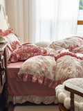 Load image into Gallery viewer, French cotton long-staple cotton four-piece set princess style flower printing pure cotton lotus leaf lace quilt cover girl heart bed sheet
