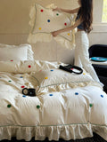 Load image into Gallery viewer, Girl's heart satin long-staple cotton four-piece set cute color polka dot embroidered lotus leaf lace quilt cover cotton bed sheet