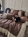 Load image into Gallery viewer, French retro plaid cotton washed cotton four-piece set pure cotton embroidered lace edge quilt cover girl heart princess bed skirt
