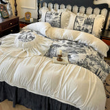 Load image into Gallery viewer, French princess winter thickened milk fleece bed four-piece set pleated lace quilt cover double-sided coral plush sheets
