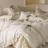 Load image into Gallery viewer, French retro cotton and linen four-piece color-woven jacquard quilt cover, bow lace linen quilt cover, soft bedding