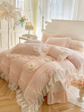 Load image into Gallery viewer, Winter thickened milk fleece four-piece princess wind double-sided plush coral fleece lace quilt cover padded bed cover
