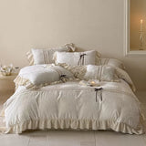 Load image into Gallery viewer, French retro cotton and linen four-piece color-woven jacquard quilt cover, bow lace linen quilt cover, soft bedding