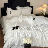 Load image into Gallery viewer, Girl princess cotton washed cotton four-piece set French double-layer lace bow pure cotton quilt cover bedding