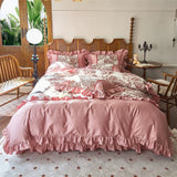 Load image into Gallery viewer, French cotton long-staple cotton four-piece set princess style flower printing pure cotton lotus leaf lace quilt cover girl heart bed sheet