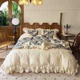 Load image into Gallery viewer, French cotton long-staple cotton four-piece set princess style flower printing pure cotton lotus leaf lace quilt cover girl heart bed sheet