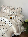 Load image into Gallery viewer, French romantic lace pure cotton long-staple cotton four-piece set polka dot printing lotus leaf lace quilt cover cotton bedding
