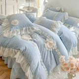 Load image into Gallery viewer, Winter thickened milk fleece four-piece princess wind double-sided plush coral fleece lace quilt cover padded bed cover
