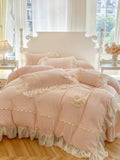 Load image into Gallery viewer, Winter thickened milk fleece four-piece princess wind double-sided plush coral fleece lace quilt cover padded bed cover