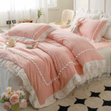 Load image into Gallery viewer, ins blue cotton washed cotton four-piece set fairy padded lace bed skirt French ruffle edge pure cotton quilt cover 4