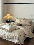 Load image into Gallery viewer, French autumn and winter thickened polished pure cotton four-piece set girl bow embroidered satin cotton warm bedding