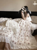 Load image into Gallery viewer, French princess style retro rose cotton print girl bed four-piece cotton lotus leaf lace quilt cover sheets