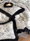 Load image into Gallery viewer, French black retro lotus leaf lace milk fleece four-piece winter warm carved quilt cover sheets thickened bedding
