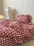 Load image into Gallery viewer, French retro girl heart red plaid pure cotton four-piece set cotton yarn-dyed double-layer yarn quilt cover soft bedding