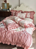 Load image into Gallery viewer, French cotton long-staple cotton four-piece set princess style flower printing pure cotton lotus leaf lace quilt cover girl heart bed sheet