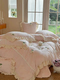 Load image into Gallery viewer, ins pink princess wind milk fleece bed four-piece set winter coral fleece quilt cover girl bed sheet lace bedding 4