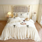 Load image into Gallery viewer, French lace edge thickened milk fleece four-piece set bow princess wind coral fleece quilt cover high-end bedding