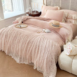 Load image into Gallery viewer, French lace edge thickened milk fleece four-piece set bow princess wind coral fleece quilt cover high-end bedding