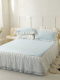 Load image into Gallery viewer, ins blue cotton washed cotton four-piece set fairy padded lace bed skirt French ruffle edge pure cotton quilt cover 4