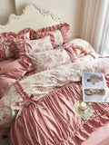 Load image into Gallery viewer, French cotton long-staple cotton four-piece set princess style flower printing pure cotton lotus leaf lace quilt cover girl heart bed sheet