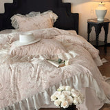 Load image into Gallery viewer, Winter high-end carved milk fleece four-piece French princess style double-sided coral fleece lace edge quilt cover sheet