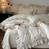 Load image into Gallery viewer, French autumn and winter thickened polished pure cotton four-piece set girl bow embroidered satin cotton warm bedding