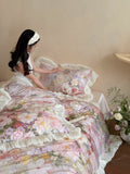 Load image into Gallery viewer, French romantic pastoral flowers cotton long-staple cotton four-piece set pleated lace quilt cover pure cotton princess windbed supplies