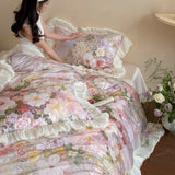 Load image into Gallery viewer, French romantic pastoral flowers cotton long-staple cotton four-piece set pleated lace quilt cover pure cotton princess windbed supplies