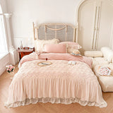 Load image into Gallery viewer, French lace edge thickened milk fleece four-piece set bow princess wind coral fleece quilt cover high-end bedding