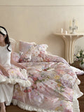 Load image into Gallery viewer, French romantic pastoral flowers cotton long-staple cotton four-piece set pleated lace quilt cover pure cotton princess windbed supplies