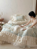 Load image into Gallery viewer, French romantic small fresh jacquard spring and summer tencel cotton four-piece set silky lace lace quilt cover princess wind bedding
