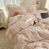 Load image into Gallery viewer, French butterfly carved milk fleece four-piece set winter girl coral fleece double-sided fleece quilt cover fleece bed skirt bed sheet