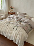Load image into Gallery viewer, French princess style pastoral flower cotton bed skirt four-piece set pure cotton lace edge quilt cover high-end bedding