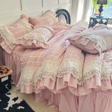 Load image into Gallery viewer, French retro plaid cotton washed cotton four-piece set pure cotton embroidered lace edge quilt cover girl heart princess bed skirt