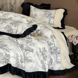 Load image into Gallery viewer, Winter thickened double-sided milk fleece four-piece set French retro warm niche printed quilt cover fleece lace bedding